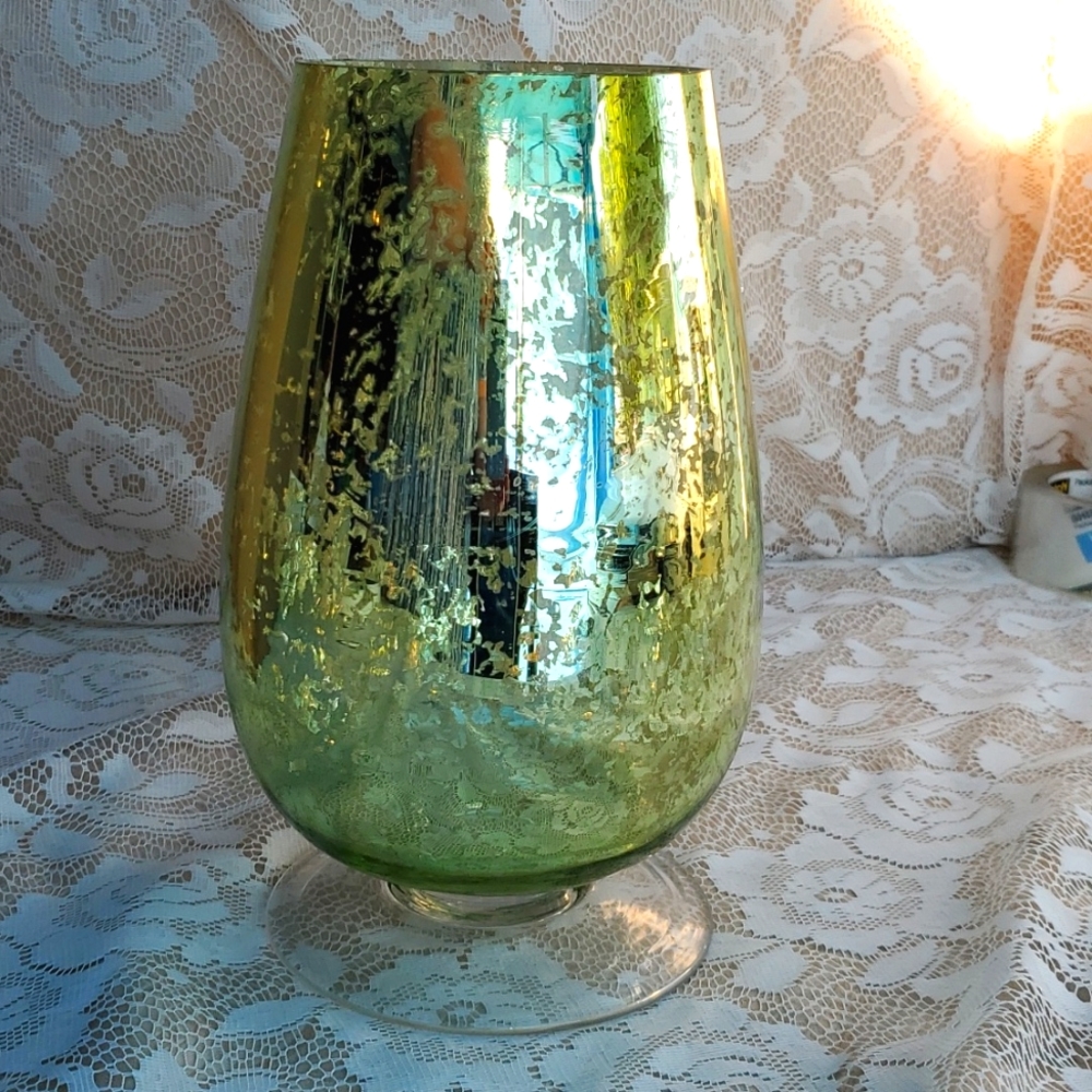 Celebrating Home Interiors Green Mercury Glass Hurricane Vase pretty in person